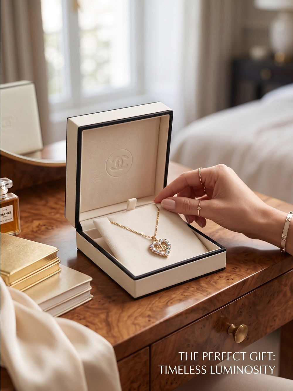 DIOR/Gold Heart Pendant Necklace with Pearl Halo